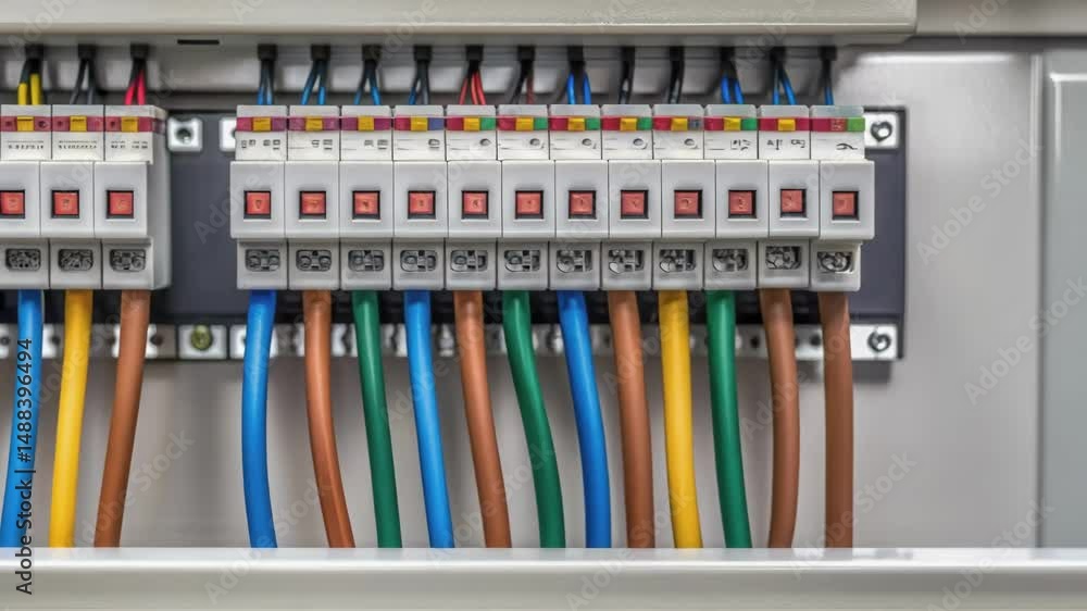 Poster Electrical panel showing colorful wires and circuit breakers