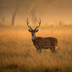 Obraz premium A chital deer stands alert in tall golden grass, antlers outlined by hazy sunlight pouring over early morning jungle.