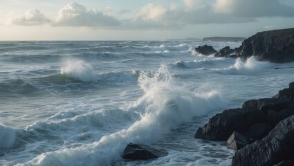 Obraz premium Shimmering waves and frothy sparkling sea spray crash onto the dark rocks of the lonely shore