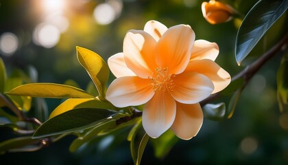 Fototapeta premium subtle pale orange flower blooming in the shade of a tree orange blossom floral details