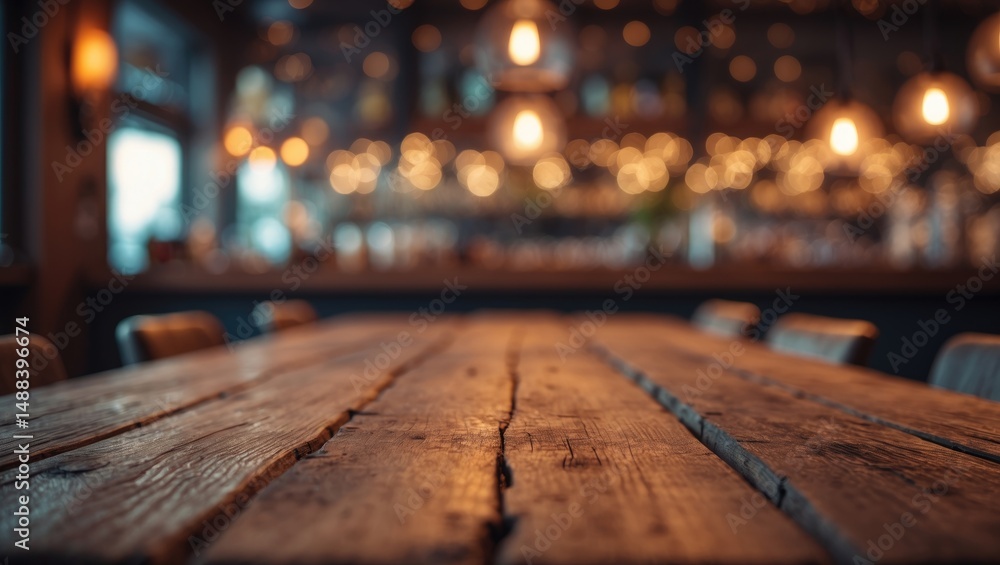 Poster empty wooden table with blurred light bokeh, space for your products on the surface.