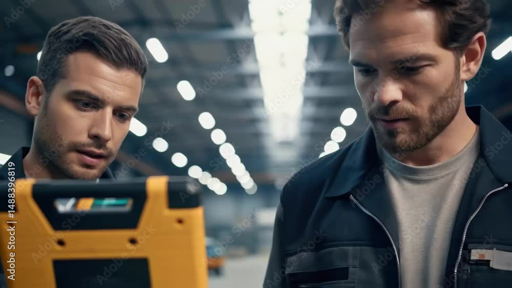 Poster engineers collaborating on rugged tablet in industrial setting