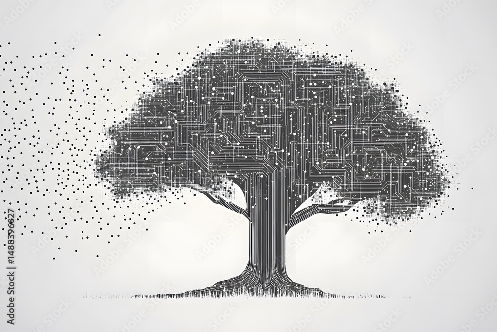 Poster digital tree with integrated circuit design representing technology and connected systems concepts