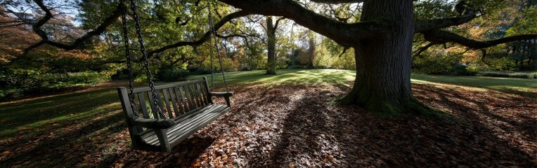 Colorful autumn afternoon on a garden swing under a large tree