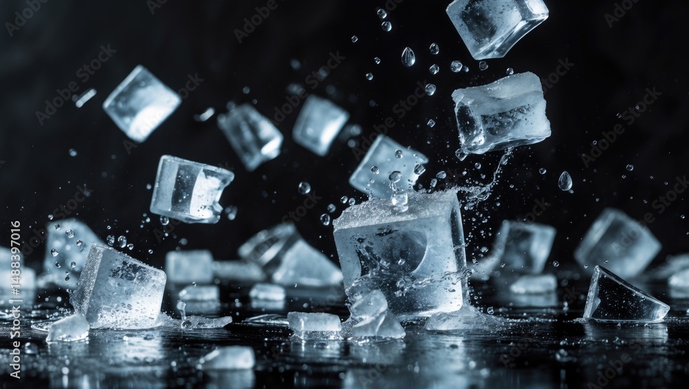 Poster ascending ice cubes and splash droplets