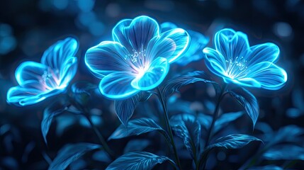 Three glowing blue flowers in a dark setting.