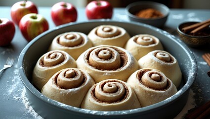 Unbaked cinnamon buns in a tin