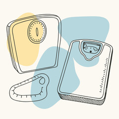 Minimalist illustration of weight scales and tape measure with colorful backgrounds