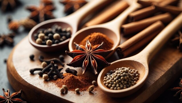 Close-up view of star anise on wooden spoons alongside spices on a wooden cutting board, including black pepper, clove, and cinnamon sticks. - Powered by Adobe