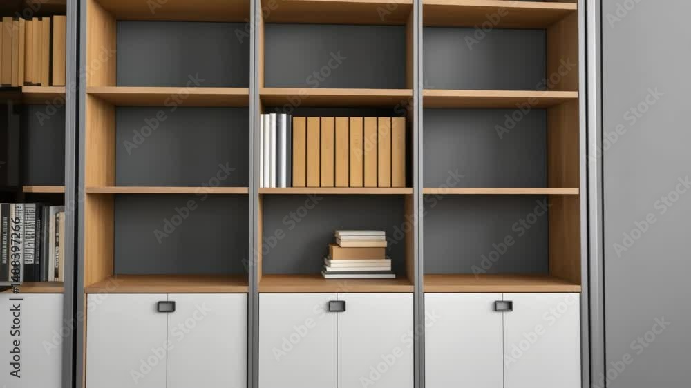 Poster modern office bookcase transforming into different configurations