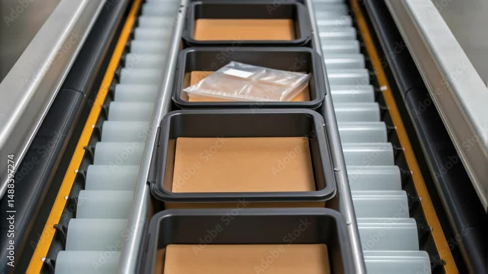 Poster packages moving on conveyor belt in factory