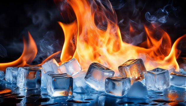 ice and fire conceptual background with flames and ice cubes for visual contrast and dramatic effect - Powered by Adobe