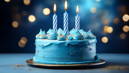a blue birthday cake with three candles
