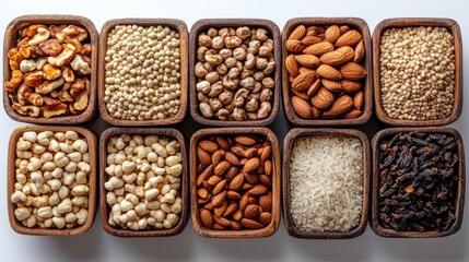 Variety of whole grains and nuts in small wooden bowls
