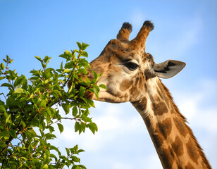 Naklejka premium Giraffe Eating Leafs on Top of Tree
