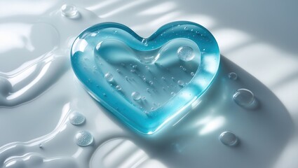 Cosmetic serum in transparent liquid gel form with micro bubbles arranged in a heart shape, highlighting beauty and love themes