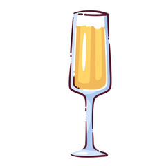 Hand drawn champagne glass doodle in cartoon style. Drink with light yellow sparkling, bubbles and foam. Champagne glass doodle sticker, vector illustration