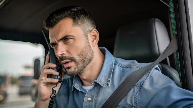 Truck driver receiving bad news on cb radio while driving