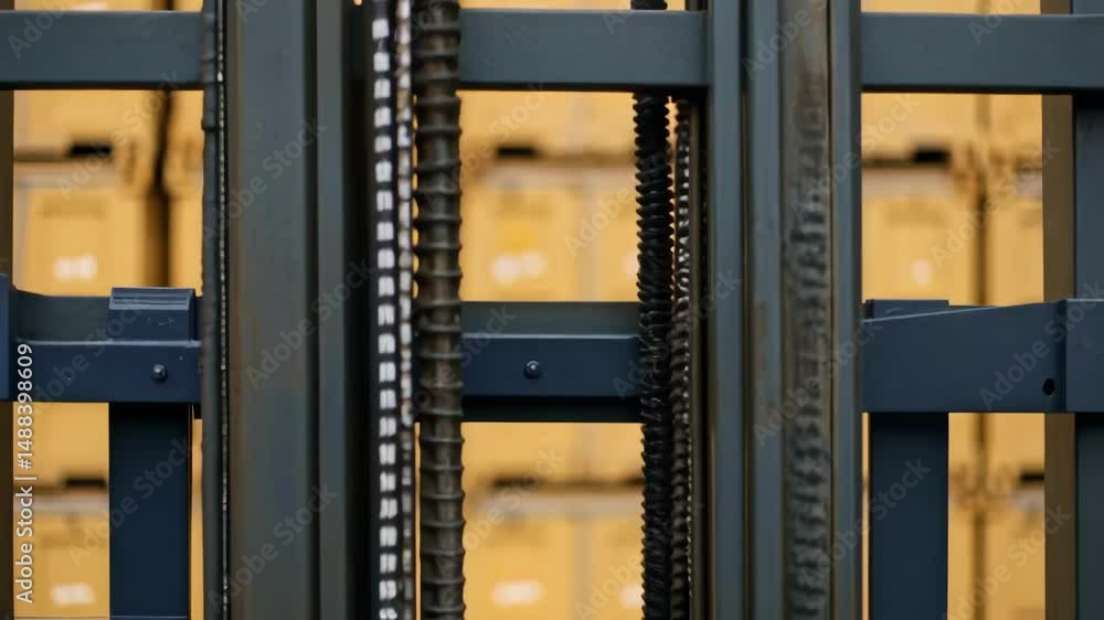 Poster warehouse worker operating forklift and lifting load