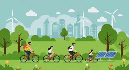 Family enjoying a bike ride in a sustainable green city with solar panels