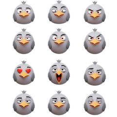 Grey bird characters set with diverse expressions