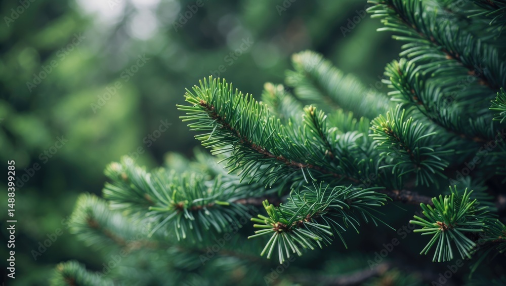 Poster zoomed-in view of a fir tree branch with blurred fluffy background