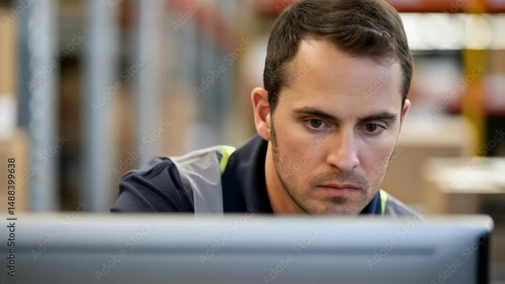 Poster Warehouse worker concentrating on computer screen