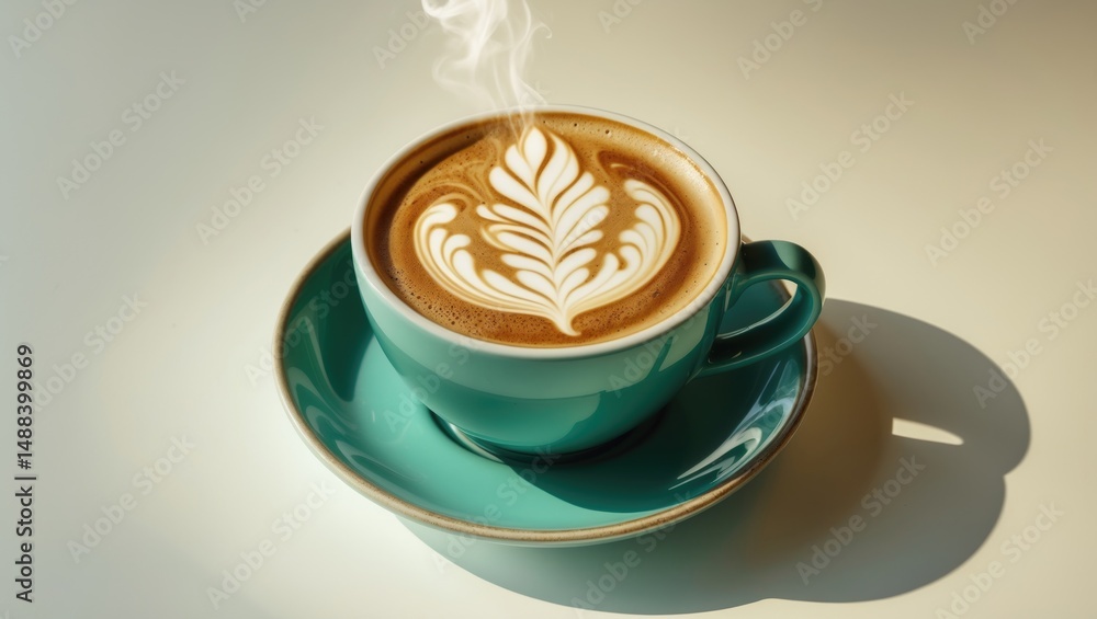 Poster profile shot of a hot coffee with latte art in a cup and matching saucer against a neutral backgroun