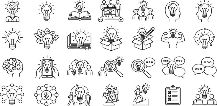 Idea Editable Icons set. Vector illustration in modern thin line style of creating related icons: research, thinking, solution, and more.