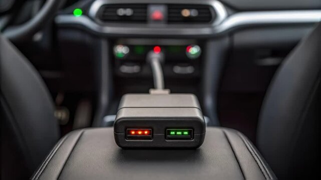 Usb charger plugged into car's 12v socket, charging and fully charged status