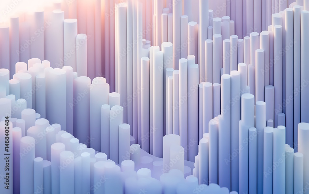 Poster abstract 3d rendering with white cylinders of varying heights and subtle color gradients