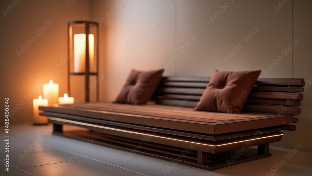 Poster couch bench in a sauna setting illuminated by warm candles and a standing lamp.