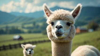 Obraz premium Cute curly white alpaca looking towards the camera with soft sunlight on its back, grazing together with other alpacas on a picturesque farm enveloped by green mountains.