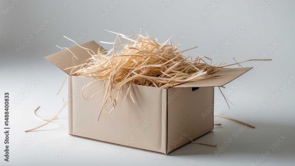 Poster high-angle shot of an open cardboard box with shredded wood filler inside, accompanied by natural en