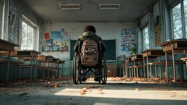 A student in a wheelchair with a backpack enters a classroom filled with other students, bathed in soft morning light