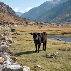 Fototapeta premium A Young Black Calf Grazing Playfully in a Serene Meadow Surrounded by Majestic Mountains and Clear Blue Skies in a Beautiful Natural Landscape