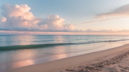 Fototapeta premium Idyllic summer setting with cloud-filled sky and peaceful ocean waters on sandy shore
