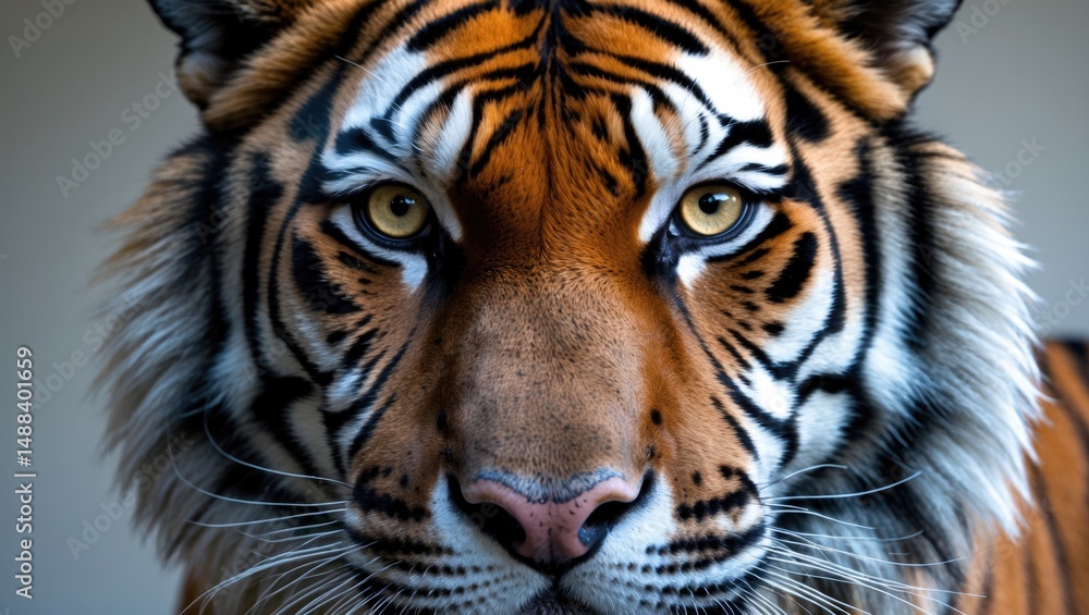 Poster image of a tiger's face, set against a plain backdrop. representation of the largest feline. untamed