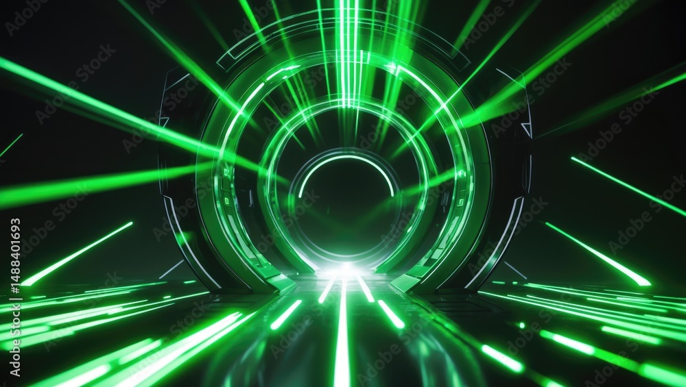 Aufkleber Sci-fi gateway illuminated by green light trails. Design of cutting-edge digital tech.