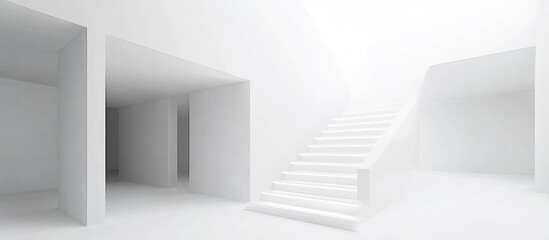 Obraz premium Minimalist white architectural space featuring stairs and doorways forming an abstract labyrinth