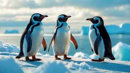 Obraz premium Flock of Penguins Surrounded by Clouds and Ocean