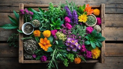 Fototapeta premium Wooden box containing various medicinal herbs, dried healthy plants, and flowers. Alternative herbal remedies. Aerial perspective. Flat arrangement.