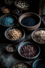 Culinary ingredients displayed in traditional bowls on rustic table