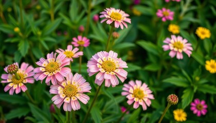 Pastel achillea blossoms in vibrant cottage garden, delicate petals against lush green leaves, botanical, spring