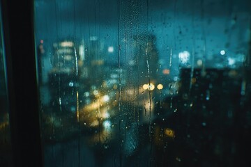 Rainy night city view seen through a rain-streaked window