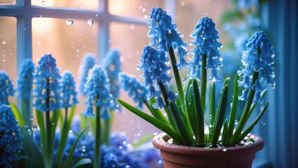 Potted Hyacinths on the Window. Floral Arrangement. Spring Greeting Card with Text Space.