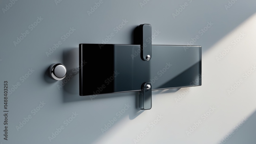 Poster Mock-up in side view of an advertising signboard with a black wide rectangle transparent glass nameplate on spacer holders set against a white background.