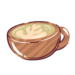 Doodle matcha tea cup with creamy foam art in light brown mug. Cup of drink with from above with frothy, artistic design. Matcha tea cup vector illustration for cafe, sticker ect