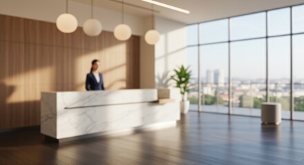 Reception area with a person behind a desk and large window view.
