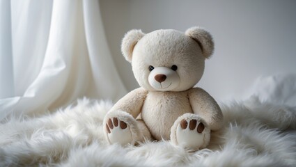 Delighted baby teddy bear on a white fluffy fur blanket surface. Close-up perspective. Empty area for imagination.